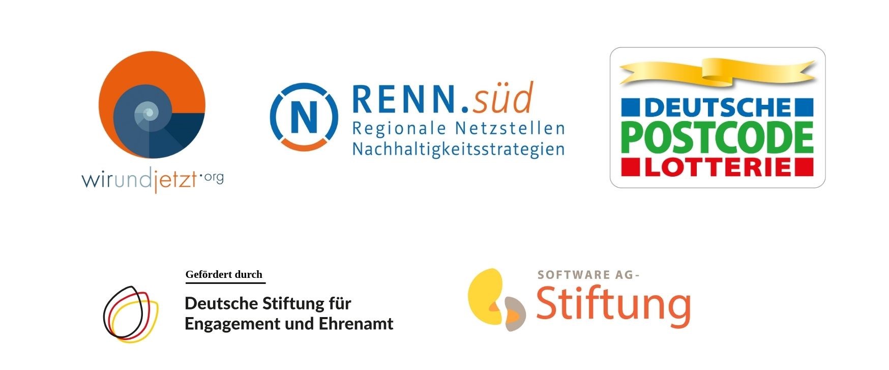Logo wirundjetzt e.V., Logo RENN.süd, Logo Deutsche Postcode Lotterie, Logo Deutsche Stiftung für Engagement und Ehrenamt, Logo Software AG-Stiftung 